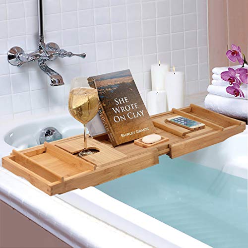 Bamboo Bathtub Caddy Tray Expandable for Luxury Bath,Bath Accessories & Table with Wine Glass Holder,Book Stand Bathroom Organizer with Extending Sides for Men/Women,Free Soap Holder (Natural)