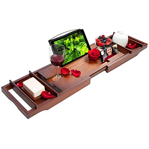 Estala Luxurious Bamboo Bathtub Tray Caddy- Expandable Sides Cherry Wood Bathtub Organizer with Candles, Book, Tablet, Phone, Wine Glass, Soap Holder - Nonslip Bottom - Shower Spa Accessories