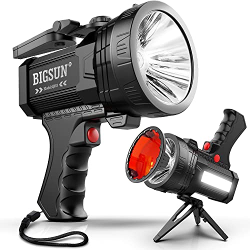 BIGSUN Rechargeable Spotlight, LED Flashlight High High Lumens 100000, 10800mAh Power Bank, 6 Modes, Floodlamp & Warning light, With Handsfree Tripod, Shoulder Strap, Red Lens, USB Cable, Wall Charger