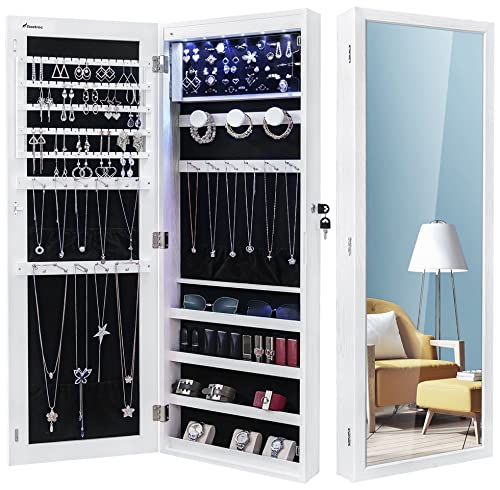 Nicetree 6 LEDs Jewelry Armoire Organizer, Wall/Door Mounted Jewelry Cabinet with Full Length Mirror, Larger Capacity, Dressing Mirror, White