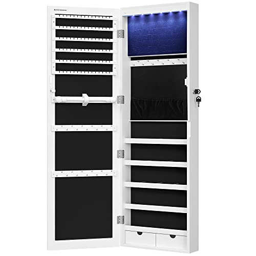 SONGMICS 6 LEDs Mirror Jewelry Cabinet, 47.2'H Lockable Wall/Door Mounted Jewelry Armoire Organizer with Mirror, 2 Drawers, White UJJC93W