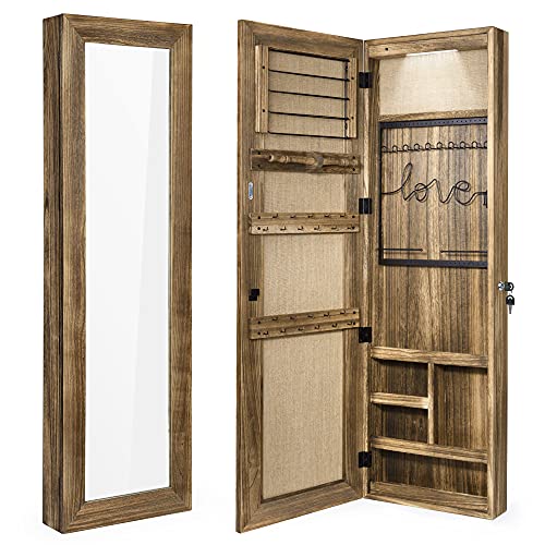 SRIWATANA Jewelry Armoire Cabinet, Solid Wood Jewelry Organizer with Full Length Mirror Wall/Door Mounted(Carbonized Black)