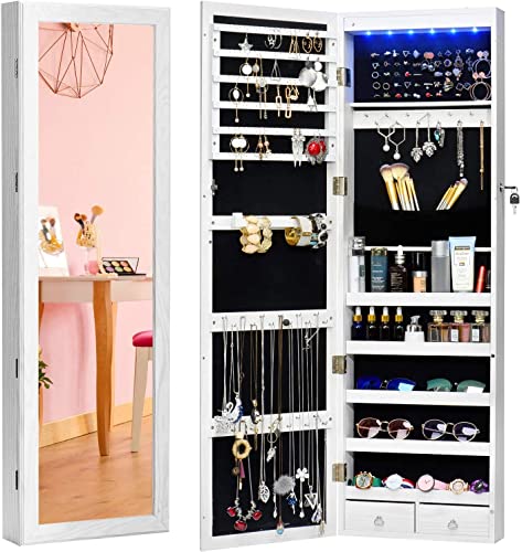 TWING Jewelry Armoire Jewelry Organizer Wall Mounted Lockable 6 LEDs Wall Mounted Jewelry Armoire With Mirror 3 Drawers Door Large Jewelry Armoire Cabinet (White)