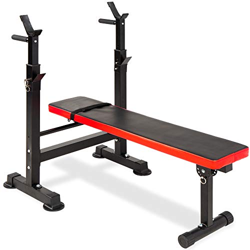Best Choice Products Adjustable Folding Fitness Barbell Rack & Weight Bench Set for Home Gym, Strength Training w/Incline & Decline Capability, Padded Faux Leather, Easy Storage - Black/Red