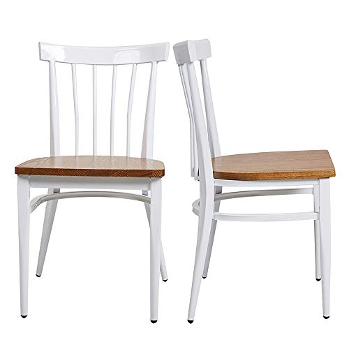 Modern White Armless Dining Chairs Set of 2 -Heavy Duty Wood Seat and Iron Frame Kitchen Side Chairs for Restaurant Cafe Bistro,Ergonomic Design,Comb Back