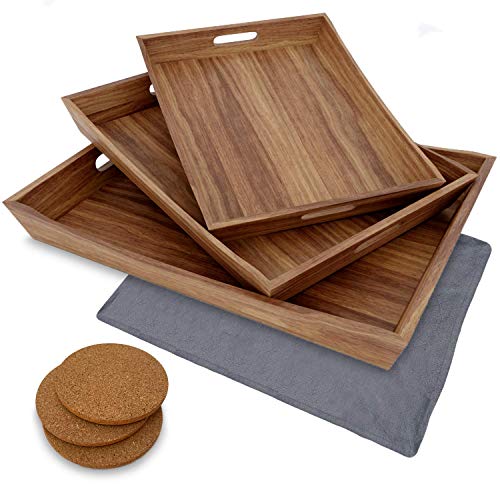 Rustic Wood Serving Tray Set Of 3 - Large Serving Tray with Handles - Wood Tray - Coffee Table Tray - Food Tray - Wooden Tray - Ottoman Tray Large Great for Coffee & Food (Acacia Wood Trays)