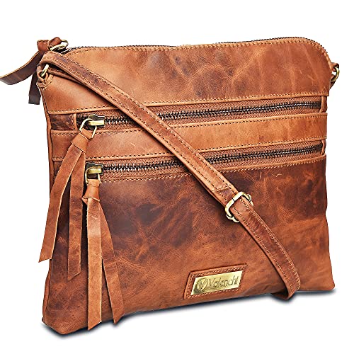 Genuine Leather Crossbody Handbag for Women - Shoulder bag for Womens Handmade by VALENCHI (Cognac Vintage)
