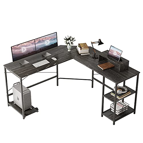 DEVAISE L Shaped Computer Desk, Modern Corner Computer Desks with CPU Stand Adjustable Shelves for Home Office Study Writing Gaming Wooden Table Workstation, Black