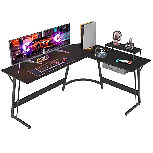 CubiCubi Modern L-Shaped Desk Computer Corner Desk, 59.1' Home Office Writing Study Workstation with Small Table and Drawers, Space Saving, Easy to Assemble, Black