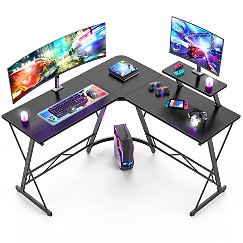 Mr IRONSTONE L Shaped Desk, Computer Corner Desk, Home Gaming Desk, Office Writing Workstation with Large Monitor Stand, Space-Saving, Easy to Assemble, Black