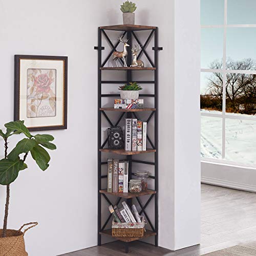 Homissue 6 Tier Industrial Corner Shelf Unit, Tall Bookcase Storage Display Rack for Home Office, Rustic Brown