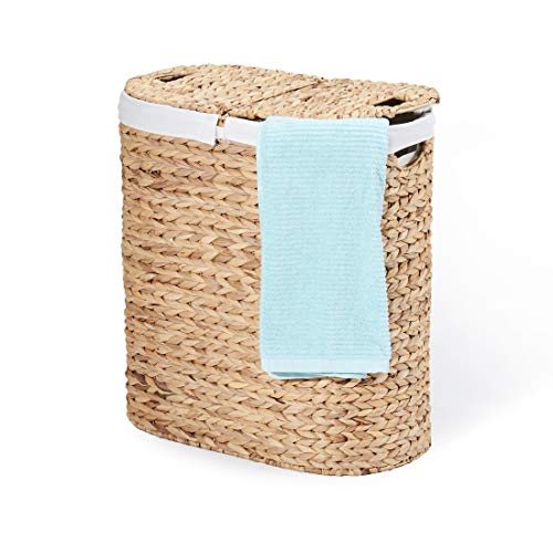 Seville Classics Water-Hyacinth Lidded Oval Double Laundry Hamper, Hand-Woven