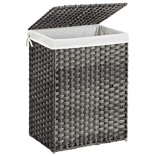 SONGMICS Handwoven Laundry Hamper, 23.8 Gal (90L) Synthetic Rattan Clothes Laundry Basket with Lid and Handles, Foldable, Removable Liner Bag, Gray ULCB51WG