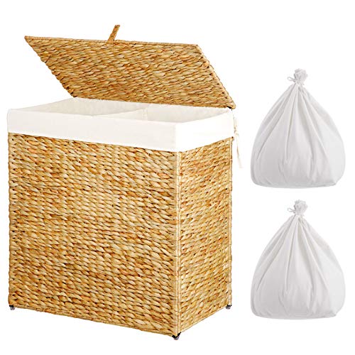 Greenstell Laundry Hamper with 2 Removable Liner Bags, Divided Seagrass Hampers, Handwoven Laundry Basket with Lid and Handles, Foldable and Easy to Install Clothes Basket Natural (22x12x24 Inches)