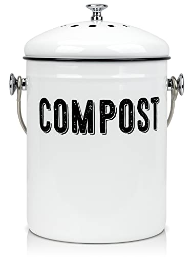 Granrosi Compost Bin Kitchen, Indoor Compost Food Waste Trash Can with Lid, 100% Rust Proof Compost Bucket w/ Non-Smell Charcoal Filters, 1.3 Gallon Container, Easy to Clean, Stainless Steel (White)