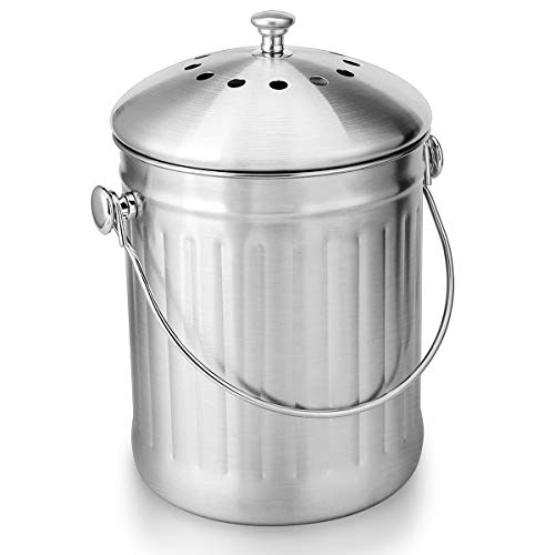 ENLOY Compost Bin, Stainless Steel Indoor Compost Bucket for Kitchen Countertop Odorless Compost Pail for Kitchen Food Waste with Carrying Handle 1.3 Gallon Easy to Clean