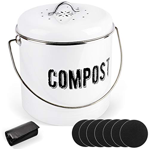 Kitchen Compost Bin with 7 Charcoal Filters and 50 Recycled Trash Bags, 1.3 Gallon Compost Bucket, Rustic Farmhouse Composting Container for Kitchen Counter