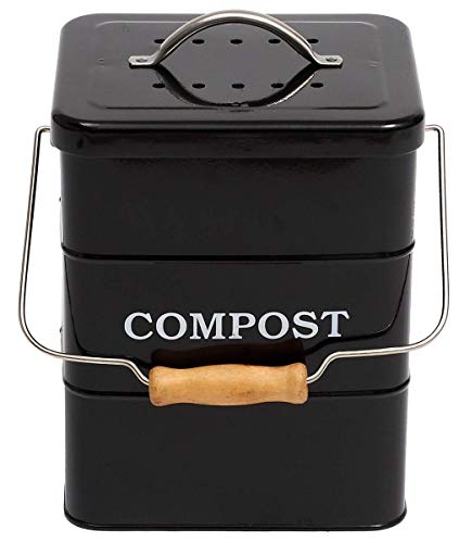 Indoor Kitchen Compost Bin for Kitchen Countertop, Great for Food Scraps, Carbon Steel, Handles, White, 1 Gallon - Includes Charcoal Filter - Black