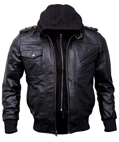 Mens Genuine Black Hooded Bomber Leather Jacket | Real Lambskin Waxed Brown Leather Jackets for Men with Removable Hood (Black, Large)