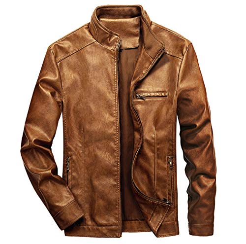WULFUL Men's Stand Collar Leather Jacket Motorcycle Lightweight Faux Leather Outwear Brown-M