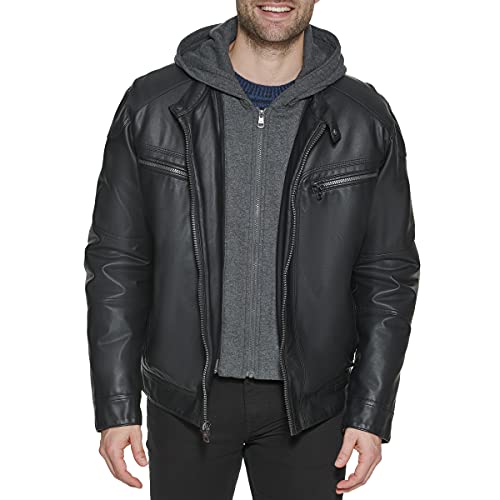 Calvin Klein Men's Faux Lamb Leather Moto Jacket with Hoodie, Black, X-Large