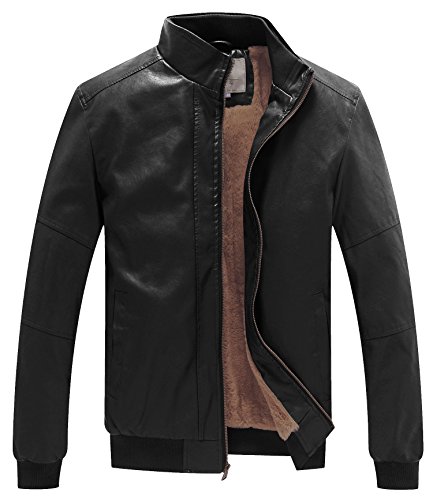 WenVen Men's Casual Stand Collar Slim PU Bomber Faux Leather Jacket Black L