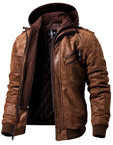 FLAVOR Men Brown Leather Motorcycle Jacket with Removable Hood (Large (US standard), Brown)