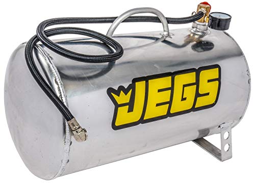 JEGS Portable Aluminum Air Tank | 5 Gallon Capacity | Horizontal Design | Maximum Rating 125 PSI | Includes Gauge, 36 Inch Hose, and Pressure Relief Valve