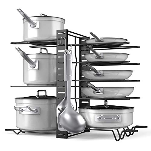 Pots and Pans Organizer Adjustable 8+ Pots and Pans Oragnizer, Kitchen Counter and Cabinet Pot Lid Holder with 3 DIY Methods (6 Hooks Included)