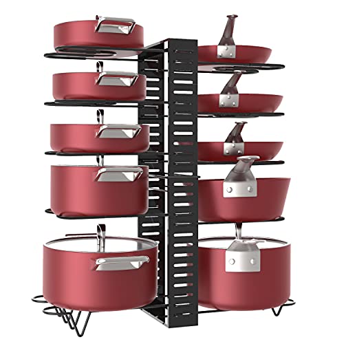 X-cosrack Pot Racks,10 Tier Adjustable Heights with Non-slip feet,6 DIY Methods,Expandable Kitchen Cabinet Pantry Pans and Pots Lid Organizer Rack Holder, Black