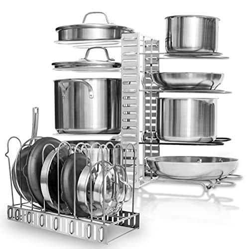 GeekDigg Pot Rack Organizer, Adjustable Height and Position, Kitchen Counter and Cabinet Pan Organizer Shelf Rack/Pot Lid Holder with 3 DIY Methods - Silver
