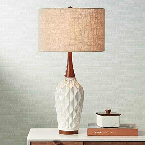 Rocco Mid Century Modern Table Lamp 30' Tall White Wave Geometric Ceramic Oak Wooden Neck Tan Fabric Drum Shade for Living Room Bedroom House Bedside Nightstand Home Office - 360 Lighting