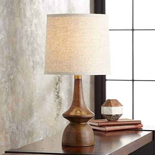 Rexford Mid Century Modern Contemporary Table Lamp 24' High Brown Walnut Wood Off White Linen Drum Shade for Living Room Bedroom House Bedside Nightstand Home Office Reading - 360 Lighting