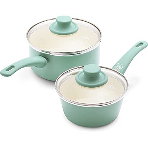 GreenLife Soft Grip Healthy Ceramic Nonstick, 1QT and 2QT Saucepan Pot Set with Lids, PFAS-Free, Dishwasher Safe, Turquoise