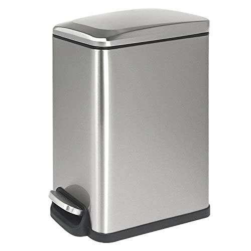 CLTEC 2.6Gal/10L Small Trash Can with Lid Soft Close, Removable Inner Wastebasket, Slim Stainless Steel Garbage Can Step Trash Can for Bathroom Bedroom Office, Rectangular Foot Pedal Trash Bin, Silver