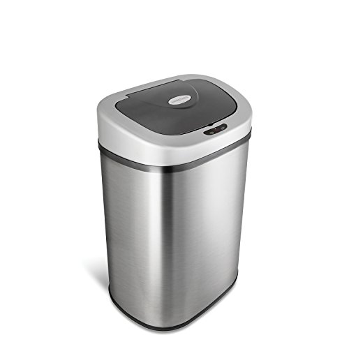 NINESTARS Automatic Touchless Infrared Motion Sensor Trash Can with Stainless Steel Base & Oval, Silver/Black Lid, 21 Gal