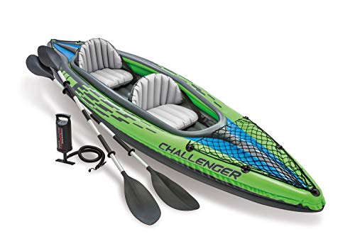Intex Challenger K2 Kayak, 2-Person Inflatable Kayak Set with Aluminum Oars and High Output Air-Pump, Grey/Blue (68306NP)