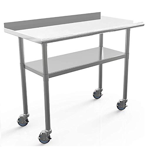 Nurxiovo Commercial Work Table Stainless Steel Table 48 x 24 Inches Heavy Duty Workbench Industrial Restaurant Food Work Tables for Shop Worktop with 1 1/2' Backsplash /4 Caster Wheels