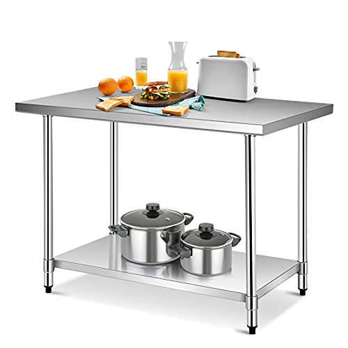 48' x 30' NSF Stainless Steel Table, Heavy Duty Commercial Kitchen Food Prep Table & Work Table, Wheels Installable, Adjustable Shelf, by WATERJOY (Without Wheels)