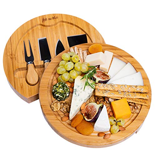 Bamboo Cheese Board and Knife Set – 10 inch Round Charcuterie Board, Serving Tray, Platter, Wood Cheese Board Set – Gift Idea – BlauKe®
