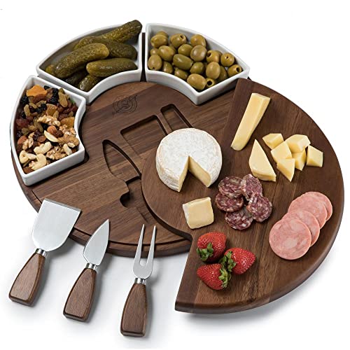 Shanik Upgraded Cheese Cutting Board Set, Acacia Wood Charcuterie Board Set, Cheese Serving Platter, Cheese Board and Utensil Set, 3 Knives, Ceramic Bowls