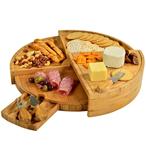 Picnic at Ascot Patented Bamboo Cheese/Charcuterie Board with Knife Set-Stores as a Compact Wedge-Opens to 18' Diameter-Designed & Quality Checked in USA
