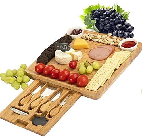 CTFT Cheese Board and Knife Set Bamboo Charcuterie Platter Serving Tray Wooden Cheese Cutting Board Set Gifts for Housewarming Anniversary Wedding Birthday
