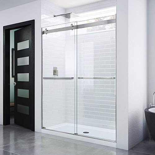 DreamLine Essence Frameless Bypass Sliding Shower Door in Brushed Nickel, 56-60 in Width, 76 in Height, 5/16 in. (8 mm) Certified Clear Tempered Glass, Smooth Gliding Open and Close. SHDR-6360760-04