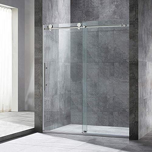 WOODBRIDGE MBSDC6076 MBSDC6076-B Frameless Sliding Shower, 56' Width, 76' Height, 3/8' (10 mm) Clear Tempered Glass, Finish, Designed for Smooth Door Closing and Opening, 60' W x 76H Brushed Nickel