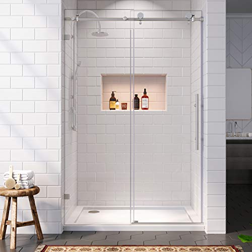 SUNNY SHOWER Sliding Shower Door 64 in. W x 72 in. H Frameless Shower Glass Door for Bathroom Shower Enclosure with 3/8 in. Clear Glass, Brushed Stainless Steel