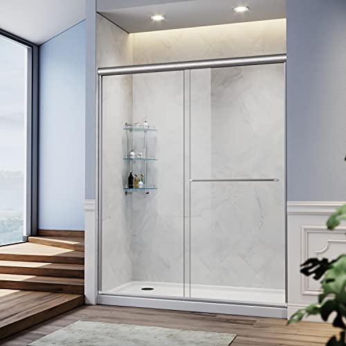 SUNNY SHOWER Semi-Frameless Shower Door Glass Sliding Design Bathroom Shower Enclosure 1/4' Clear Glass, Brushed Nickel Finish, 60' x 72' Glass Shower Door
