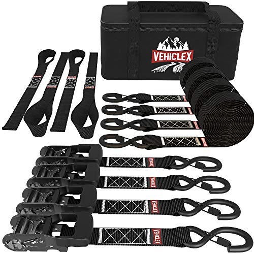 Vehiclex Ratchet Strap Tie Downs – 1.5' x 8 ft – (4PK Black Kit) Heavy Duty Tie Down Straps & Soft Loops for Moving & Securing Motorcycle, UTV – Coated Deep S-Hook & Extra Safety with Lockable Handle