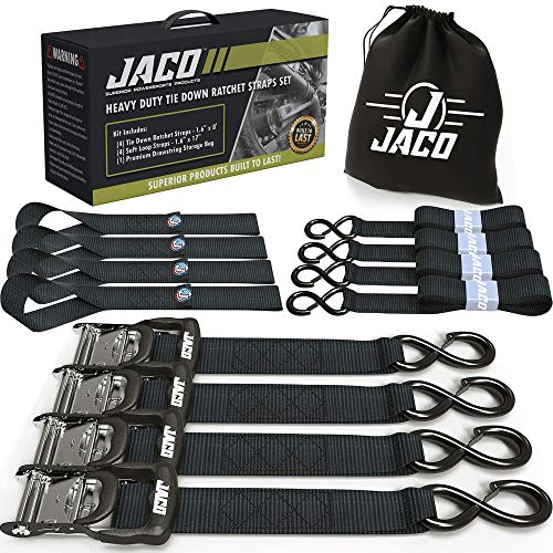 JACO Ratchet Tie Down Straps - 1.6' x 8 ft | Heavy Duty Tie Down Kit with Soft Loops - 5,208 lbs (Black)