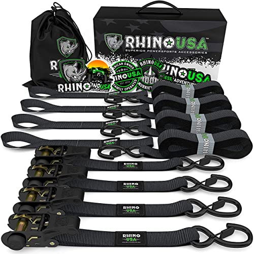 RHINO USA Ratchet Tie Down Straps (4PK) - 1,823lb Guaranteed Max Break Strength, Includes (4) Premium 1' x 15' Rachet Tie Downs with Padded Handles. Best for Moving, Securing Cargo (Black 4-Pack)